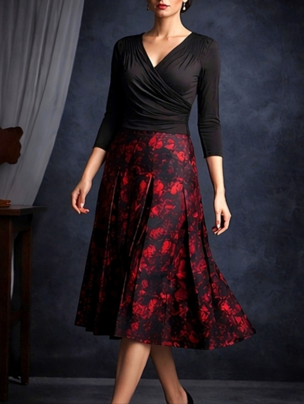 Curated Outfit Silk-Wool Blend Top + Red Floral Pleated Midi Skirt SIze 14